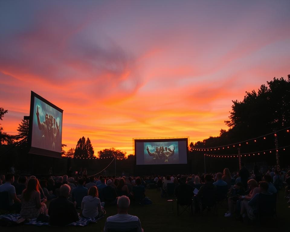 Bioscoopervaring in een openlucht theater met zonsondergang