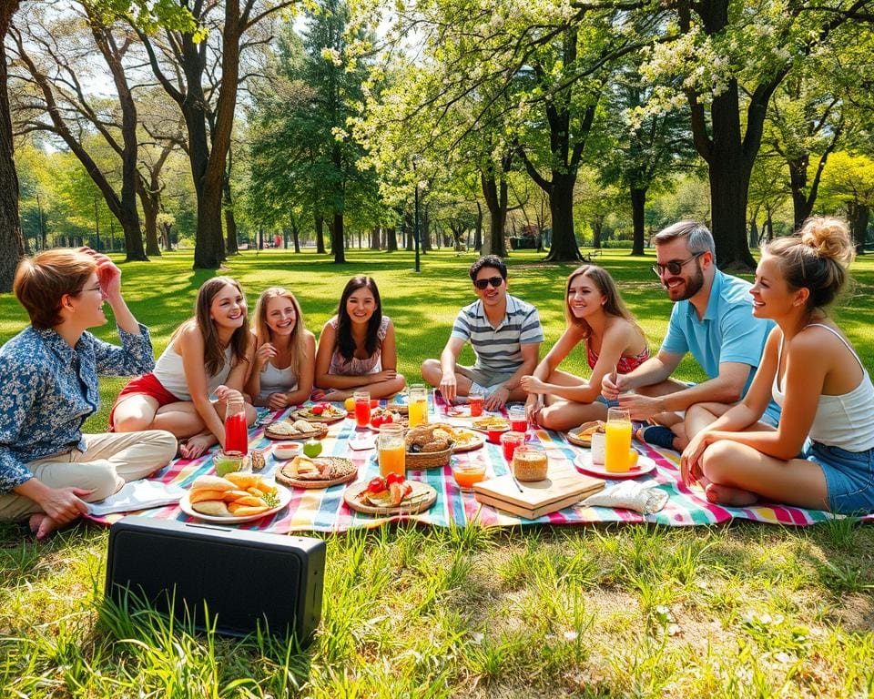 Parkpicknick met vrienden, lekker eten en goede muziek